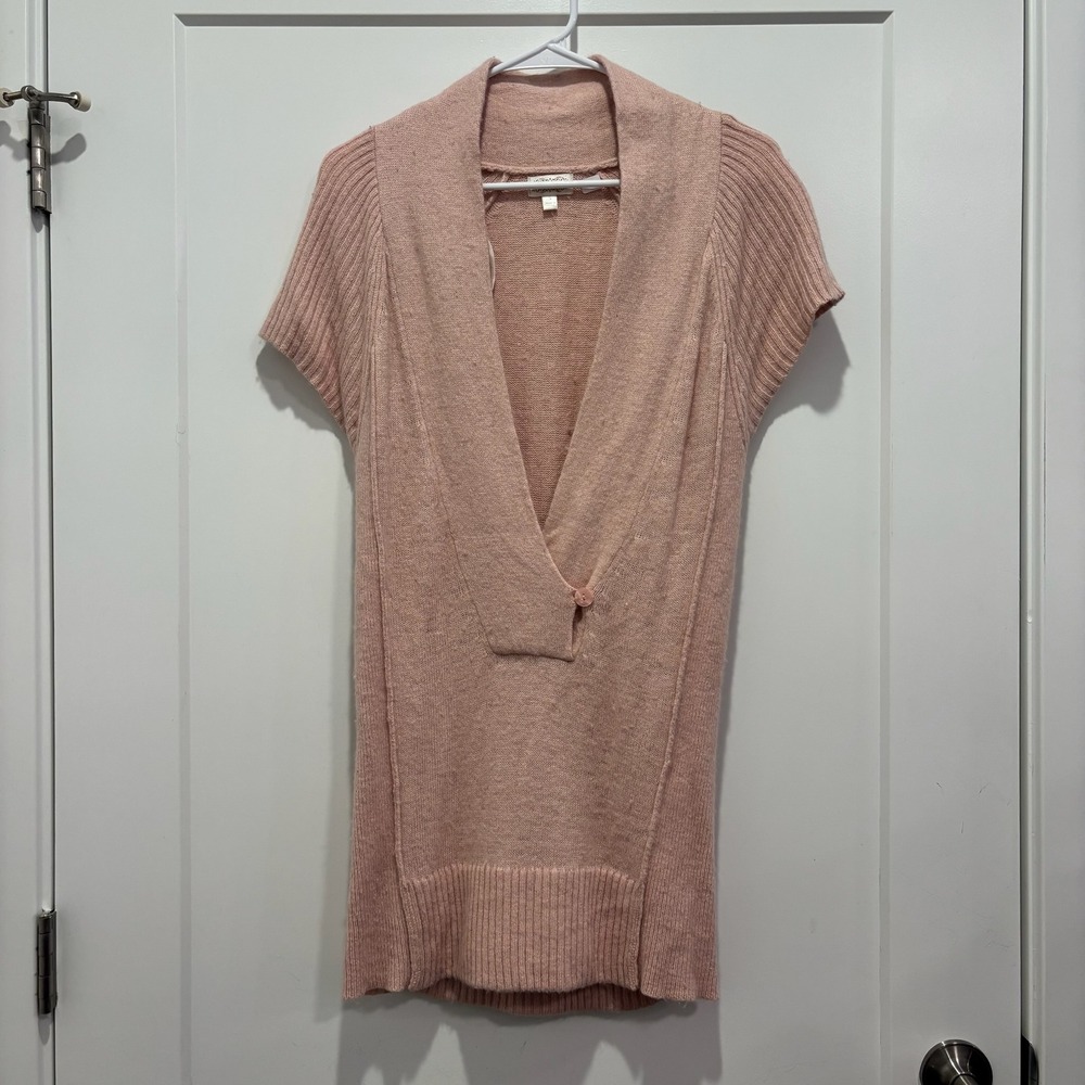 Kaisely Pink Angora Wool Blend Short Sleeve V-Neck Tunic Sweater Small‎